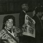 Martha Shelley sells Gay Liberation Front paper during Weinstein Hall demonstration, 1970. Photo by Diana Davies.<br/>